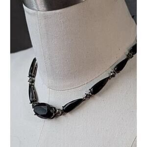 Vtg Monet Necklace Faux Onyx Faceted Black Glass 1980s Runway Art Deco Collar